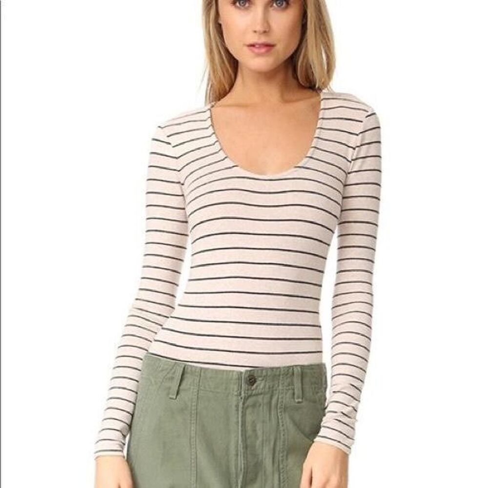 Madewell Song Scoop Long Sleeve Striped Bodysuit Cream Black Size S